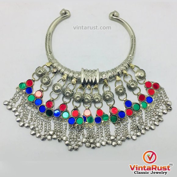 Tribal Silver Torque Choker Necklace With Multicolor Glass Stones - Picture 3 of 7